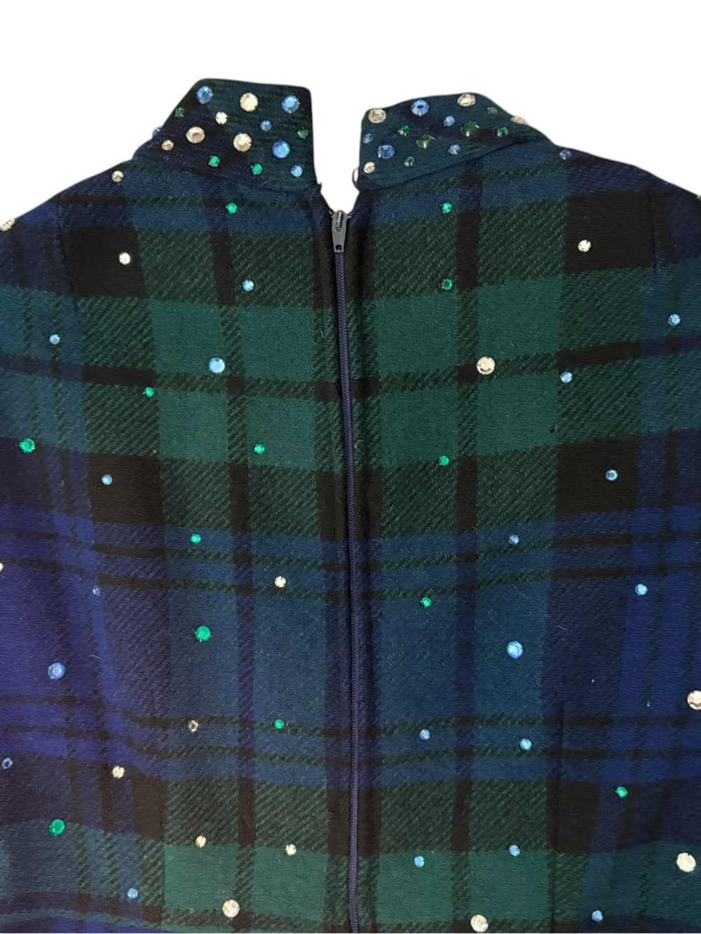 Vintage 1960s Wool Plaid Rhinestone Flare Mini Dress Tartan Pockets Neusteters - Picture 6 of 9